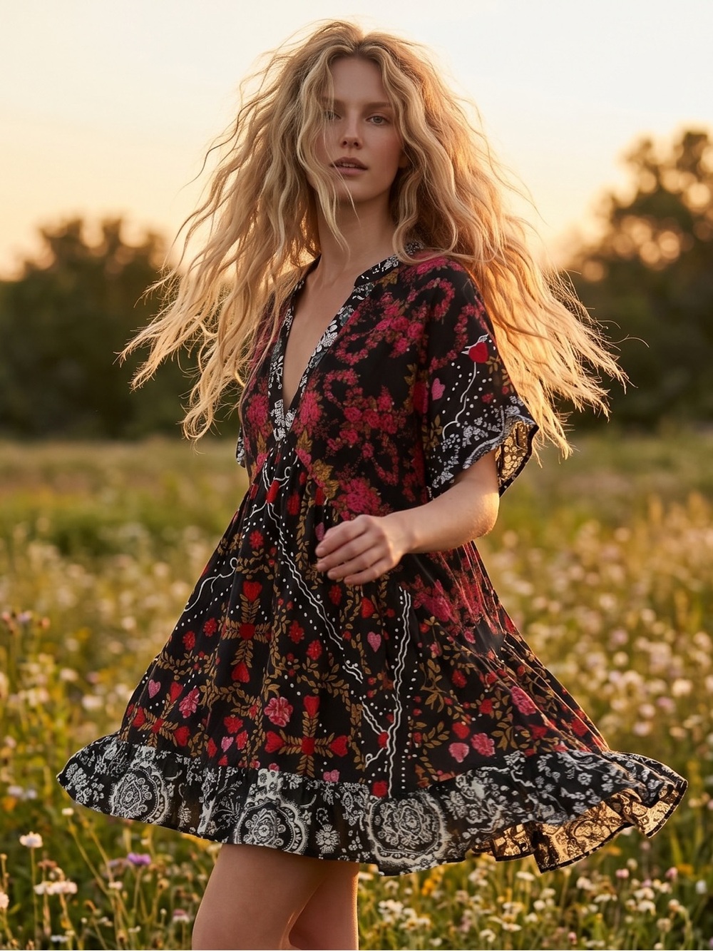 Free People Black Floral Mini Dress with Pink & Red Accents